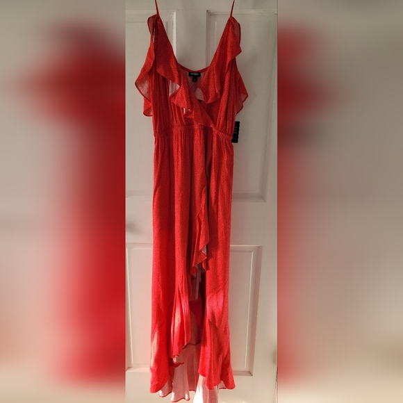 Express Coral Polka Dot Print VNeck Flutter Sleeve Ruffle Maxi Dress, Size M - Picture 1 of 10